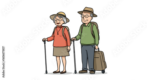 Retired couple on trip holding walking sticks with luggage and hats  