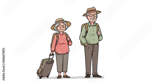 Retired couple on trip with suitcase and backpacks in casual attire  