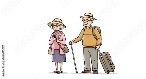 Retired couple on trip standing together with luggage and smiling  