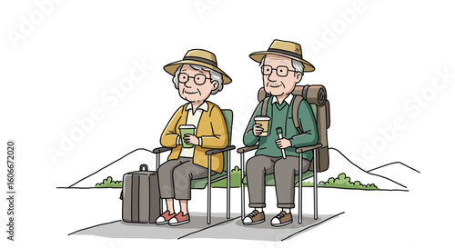 Retired couple sitting with drinks while enjoying a trip outdoors  