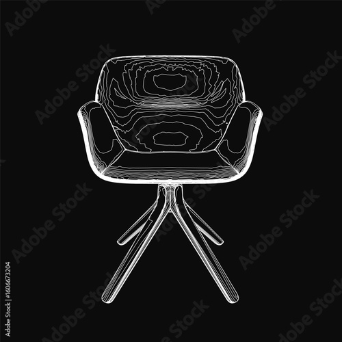 A sleek black and white contour drawing of a modern chair with a curved backrest and tapered legs. The upholstered seat and armrests add comfort, while the clean lines create a minimalist aesthetic.
