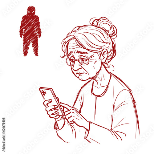 Red ballpoint pen doodle elderly woman with a phone transferring money to a scammer, hand-drawn sketch vector illustration isolated on white svg