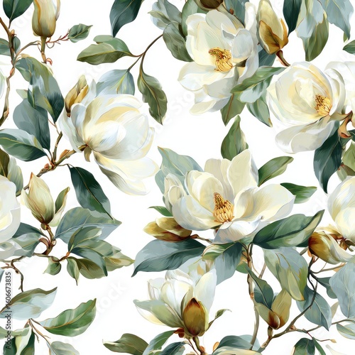 Seamless pattern of white magnolia blossoms and green leaves on a white background