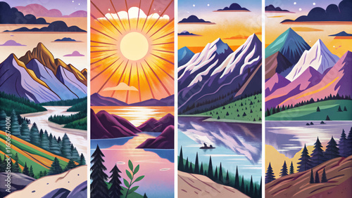 Set of mountain sunrise vector landscapes with purple-toned forest, peaks, and atmospheric light. Ideal for hiking, climbing, adventure banners, nature, and travel themes