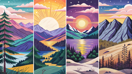 Set of mountain sunrise vector landscapes with purple-toned forest, peaks, and atmospheric light. Ideal for hiking, climbing, adventure banners, nature, and travel themes