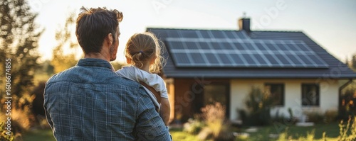 Rear view of a father holding his daughter in his arms, pointing at their house with installed solar panels, symbolizing the future of renewable energy and sustainable living, Generative AI