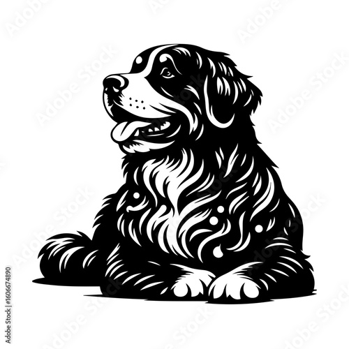A black and white illustration of a bernese mountain dog isolated on white background