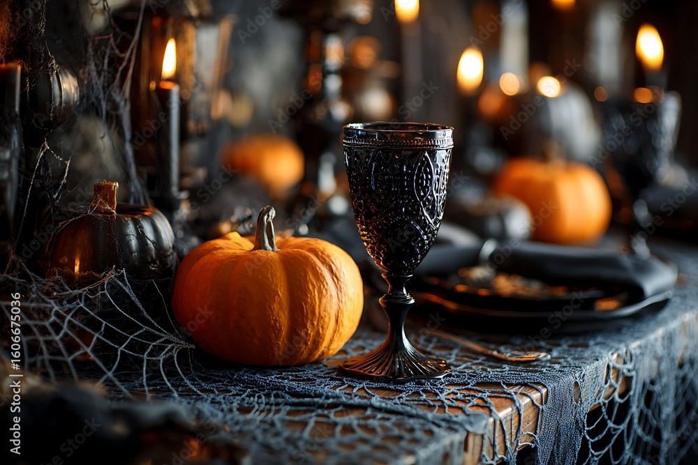 Fototapeta premium A moody Halloween table setting with pumpkins, candles, and a black goblet, creating a spooky and festive atmosphere for a gathering.