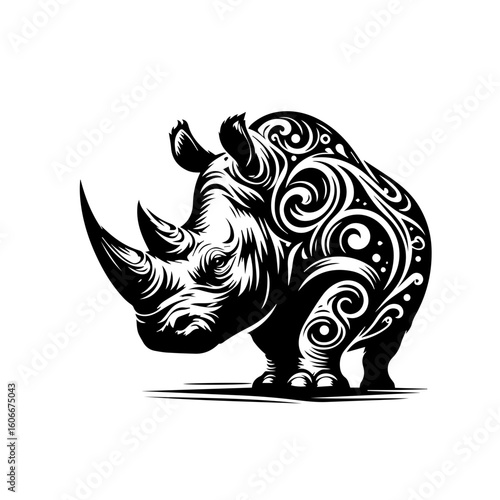 A rhino with ornate patterns is isolated on white background