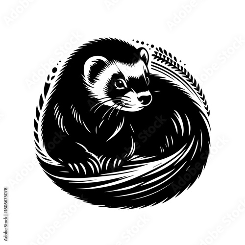 A cute ferret is isolated on white background in a curled position