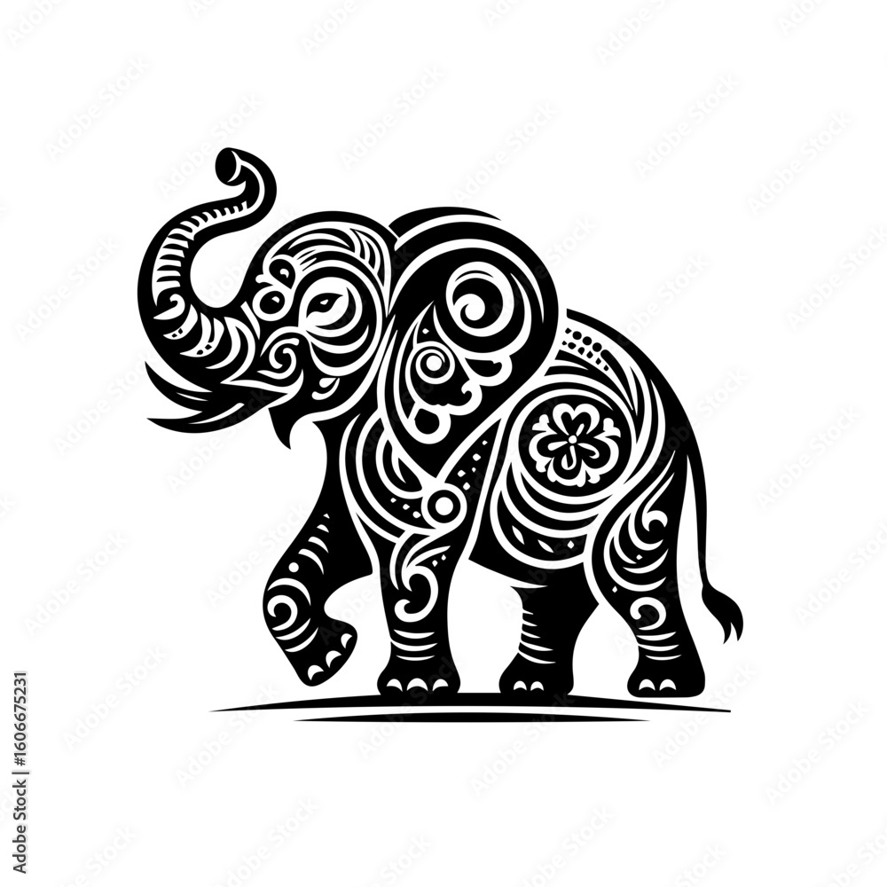 Fototapeta premium An ornate elephant illustration with tribal patterns isolated on white background