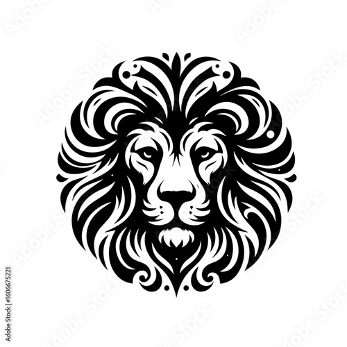 A majestic lion with a detailed mane is isolated on white background