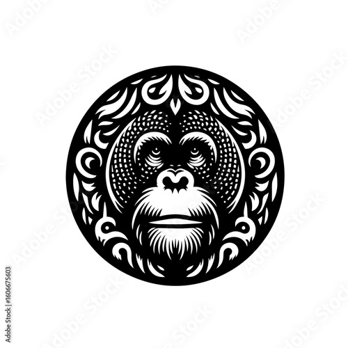 An orangutan face is framed by a decorative circle, isolated on white background