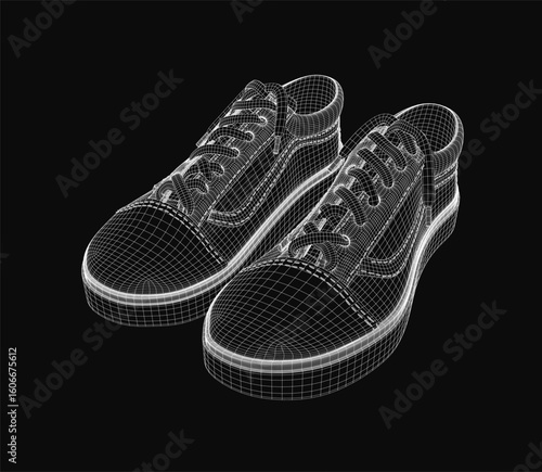 A 3D wireframe model of sneakers on a black background features the classic low-top silhouette with white laces and tongue. The rubber sole and side logo are clearly visible.