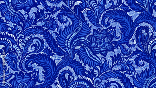 Seamless blue knitted fabric textured wallpapers with a patterns of curls and floral elements for textile wallpapers, books cover, Digital interfaces, artistic, curl, damask, elegant, ethnic, graphic,