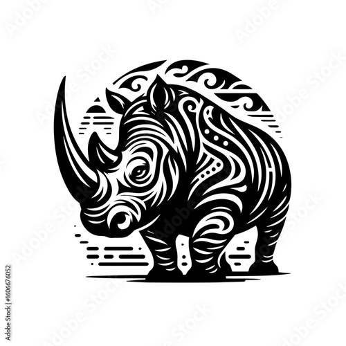 A strong rhino stands tall, isolated on white background