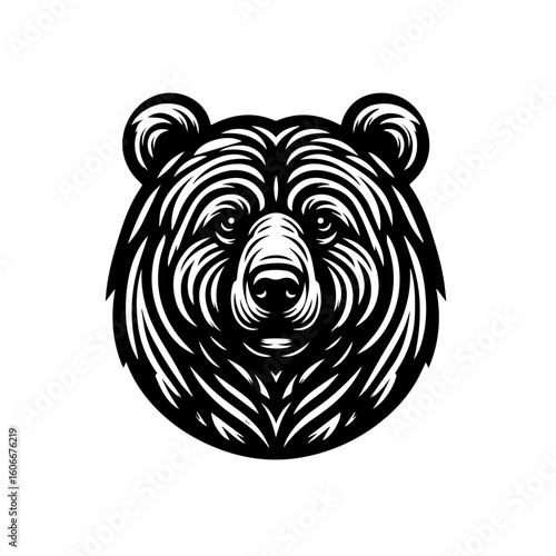 A fierce bear head stares forward, isolated on white background