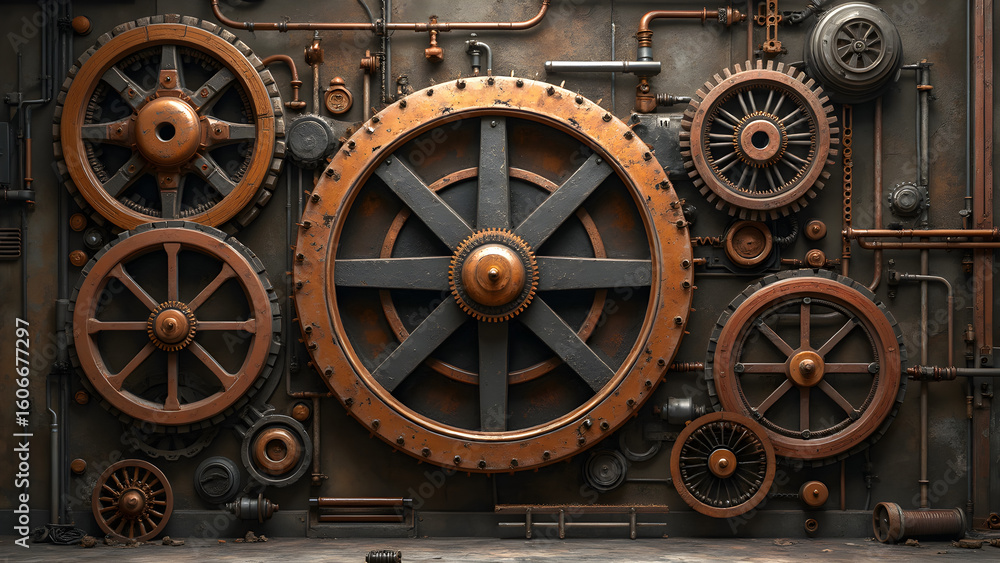 Obraz premium Steampunk machinery designs for industrial retro aesthetics. Gears and cogs in ultra-realistic art styles. Vintage technology with modern twists. Industrial revolution-inspired steampunk creations.