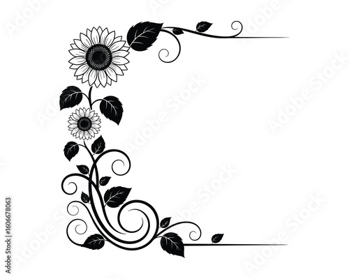 Sunflowers and Vine Corner Ornament in Black and White Vector Illustration.