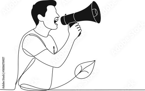 Man speaking into a megaphone announcing news or making a statement