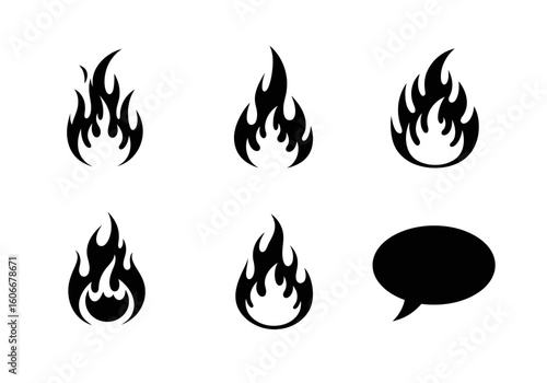 Black silhouettes of flames and a speech bubble arranged on a white background