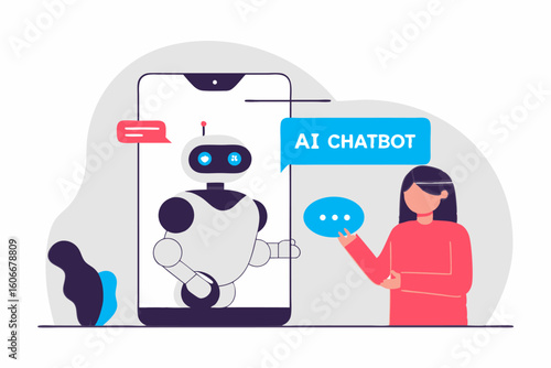 Kobieta rozmawiająca z chatbotem AI na smartfonie. Koncepcja wirtualnej asysty, obsługi klienta i wsparcia technicznego online.
