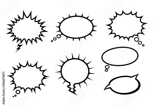 Comic style speech bubbles with jagged edges spikes or thought bubble trails