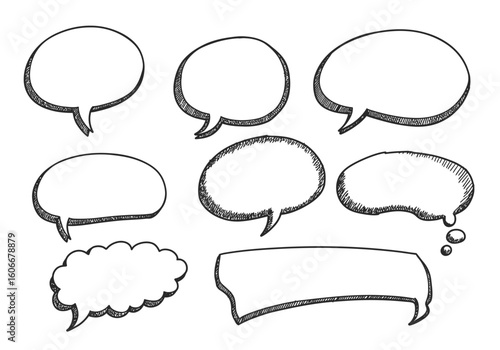 Handdrawn speech bubbles Various shapes and styles create a dynamic arrangement of conversational elements