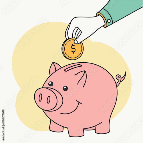 Hand with sleeve places dollar coin into a happy pink piggy bank outline style