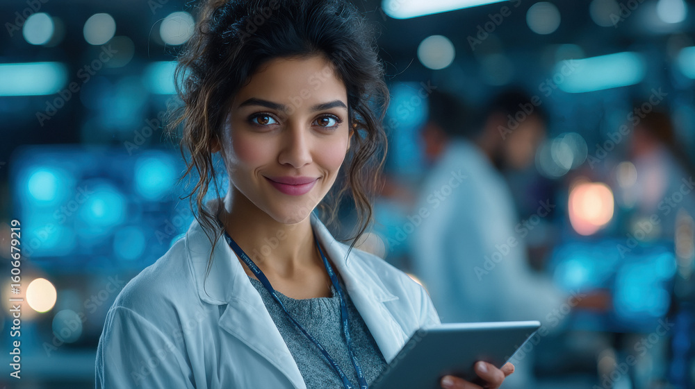 Obraz premium young woman scientist holding tablet