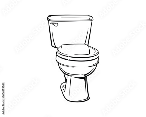 White Ceramic Toilet with Tank and Seat in Clean Minimalist Line Art Style Vector Illustration
