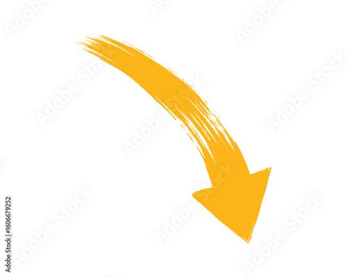 Yellow Grunge Arrow Pointing Downward with Brush Stroke Texture Isolated Vector Illustration