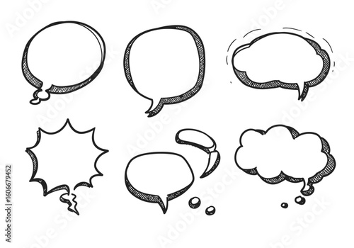 Six handdrawn speech bubbles are arranged in two rows against a white background each with distinct shapes and designs