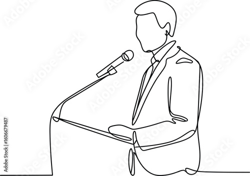 Man in suit speaking at a podium with microphone single line drawing