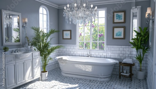 Luxurious light-filled bathroom with a crystal chandelier and potted plants