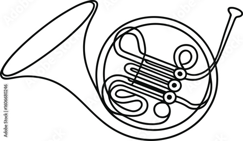 Simple line drawing of a french horn musical instrument