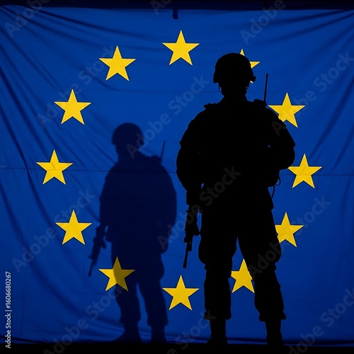 Silhouette of a soldier against the backdrop of the european union flag.