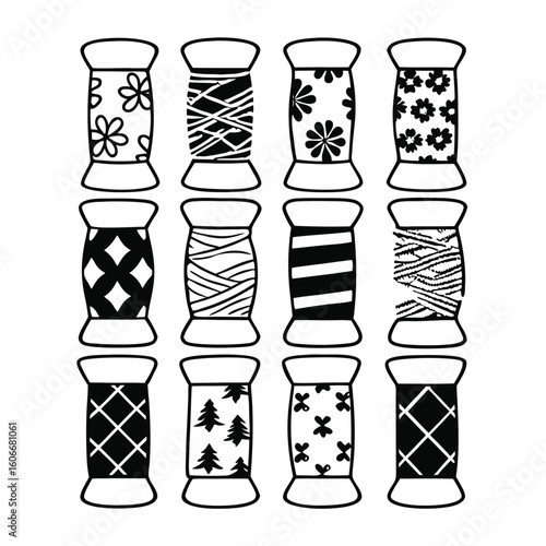Collection of patterned thread spools black and white vector on transparent background