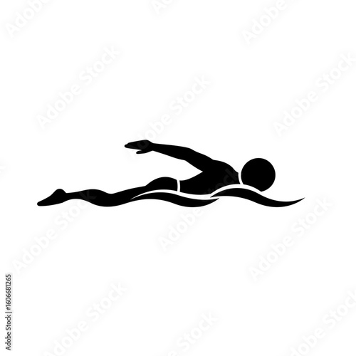 A stylized black and white vector illustration depicts a swimmer in a freestyle stroke, conveying movement and athleticism against a clean, minimal backdrop.