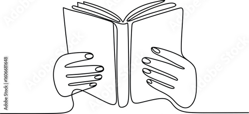 Continuous line drawing of hands holding an open book