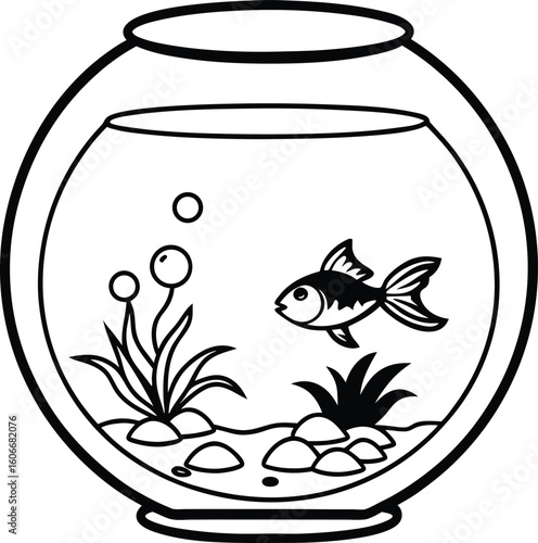 Black and white illustration of a goldfish in a bowl