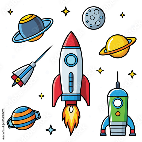 Cartoon space elements with rockets planets and stars on transparent background