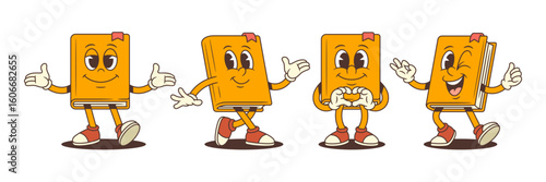 Friendly orange book character set in cartoon style with joyful walking, heart hand sign, waving and winking gestures expressing happiness and enthusiasm. Colorful and playful vector illustration