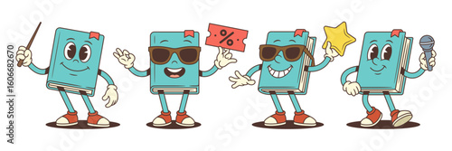 Cartoon character set of cheerful blue book showing educational and promotional actions with pointer, microphone, star and coupon. Mascot concept for learning and entertainment. Vector illustration