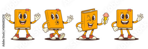Playful orange book mascot character showing joyful emotions while whistling, waving, holding ice cream and making OK gesture. Cheerful educational design in flat cartoon style. Vector illustration
