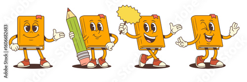 A cheerful orange book mascot cartoon character performing fun actions such as inviting, standing beside a large pencil, walking with a yellow blank signboard, and winking. Vector illustration