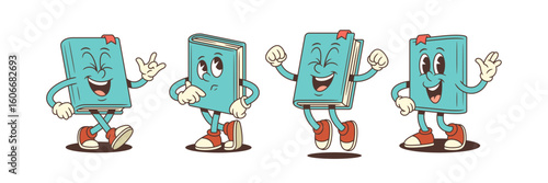 A blue book mascot character performing funny actions including laughing with ILY hand gesture, thoughtful pose, jumping with eyes closed happily, and waving in a friendly manner. Vector illustration