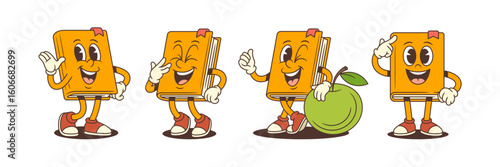 Cheerful book mascot character in various poses including waving hand, laughing with closed eyes, winking near green apple, and pointing at head. Suitable for educational designs. Vector illustration