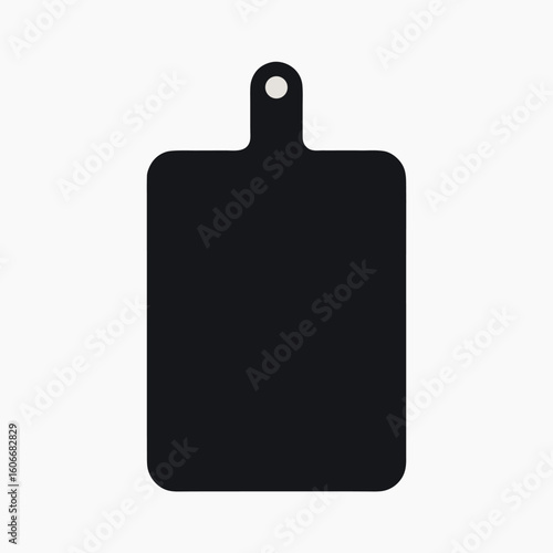 Sleek black rectangular cutting board with hanging hole isolated on a clean white background for culinary preparation and kitchen design