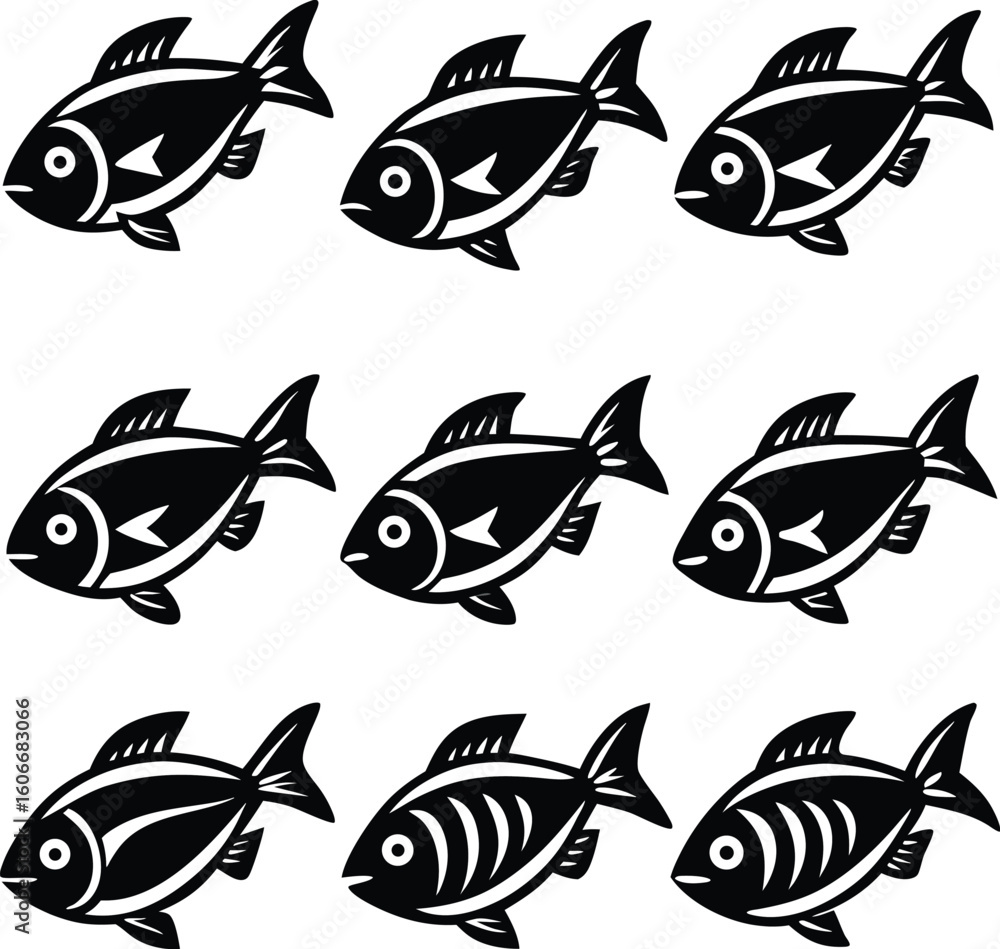 Fototapeta premium Nine black fish icons arranged in three rows black and white
